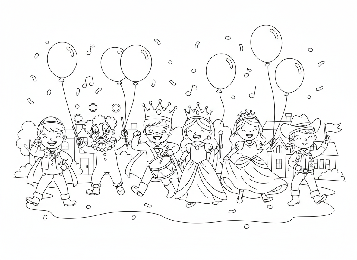 תהלוכת ילדים בתחפושות פורים - תהלוכת ילדים בתחפושות פורים צבעוניות: מלכה, מלך, ליצן, גיבור על, נסיכה, פיראט, קאובוי, רוקדים וצועדים, קונפטי, בלונים, כלי נגינה, סצנת רחוב שמחה