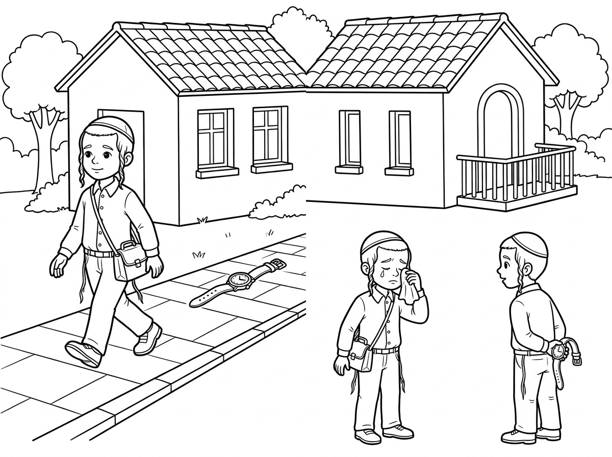 Black-and-white line art coloring page, two connected scenes on one sheet (no divider line).
Top scene: Two connected houses with tiled roofs. The right house has two narrow windows on one wall and an arched doorway opening to a small balcony with a railing. The left house has a similar arched doorway opening onto a paved path. Both houses are attached, clearly visible as two units side by side, drawn with thin background lines. Behind them are 2–3 simple trees. On the paved path walks a Hasidic boy with sidecurls (payot), kippah, buttoned shirt, long pants, and a small lunch bag hanging clearly from his neck. He is walking leftward. On the path behind him, slightly to the right, lies a wristwatch with long straps spread open.
Bottom scene: On the left, the same boy with payot, kippah, buttoned shirt, long pants, and the lunch bag hanging from his neck, stands wiping a tear with a small tissue. On the right, another Hasidic boy with payot, kippah, buttoned shirt, and long pants stands facing him, holding the wristwatch hidden behind his back.
Style: clear coloring page outlines, smooth crisp black lines on white background, balanced level of detail (roof tiles, balcony railing, trees, clothing folds), no shading, no heavy cross-hatching, clean cartoon-like simplicity.