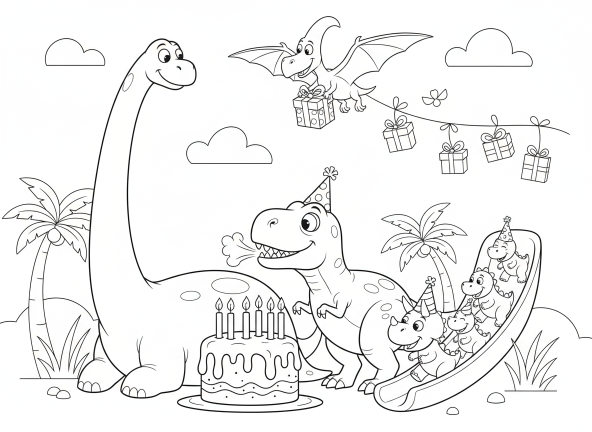 מסיבת יום הולדת של דינוזאורים - טי-רקס מנסה לכבות נרות עם ידיים זעירות, טריצרטופס עם כובע מסיבה, ברונטוזאורוס כמגלשה חיה לתינוקות דינו, טרודקטיל מביא מתנות מהשמיים, ועוגת הר געש