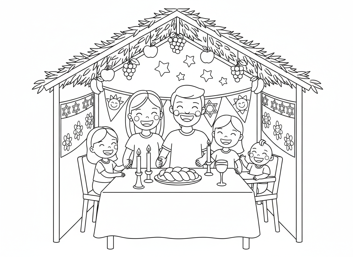 משפחה אוכלת בסוכה - משפחה שמחה אוכלת ארוחה חגיגית בתוך סוכה, קירות מעוטרים, פירות תלויים מהגג, כוכבים נראים דרך הסכך, נרות, חלה, יין, אווירה חמימה