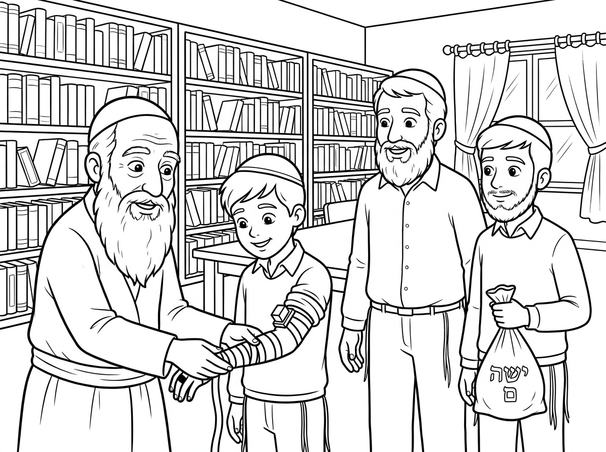 סבא עם זקן לבן ארוך מניח תפילין, לנכדו בגיל 13 ברקע ספרייה גדולה, אבא של הבחור בגיל 40 עם זקן בינוני ואח גדדולל בגיל 16 עם תיק תפילין ביד.