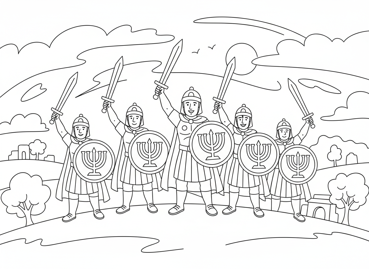 לוחמי המכבים האמיצים - לוחמי המכבים האמיצים בהנהגת יהודה המכבי, מחזיקים מגנים עם סמל מנורה, חרבות מורמות, עומדים באופן הירואי על גבעה, נוף יהודה העתיקה, שמיים דרמטיים, תנוחת ניצחון