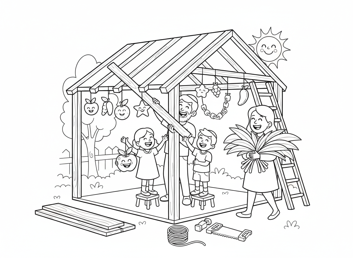 בונים סוכה ביחד - משפחה בונה סוכה ביחד בחצר, אבא מחזיק קורות עץ, ילדים עוזרים עם קישוטים, אמא מביאה סכך (ענפי דקל לגג), כלים וחומרים, עבודת צוות