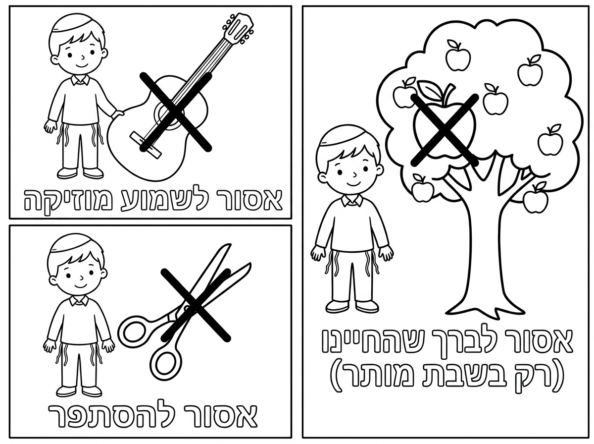 ילד קטן בגיל גן עם כיפה חלקה
חוטי ציצית ךצד המכנסיים

עומד ליד גיטרה ועל הגיטרה יש איקס
וכתוב אסור לשמוע מוזיקה

אותו ילד עומד ליד תפוח עץ על התפוח איקס גדול
וכתוב אסור לברך שהחיינו (רק בשבת מותר)

אותו ילד ליד מספריים גדולות וכתוב אסור להסתפר