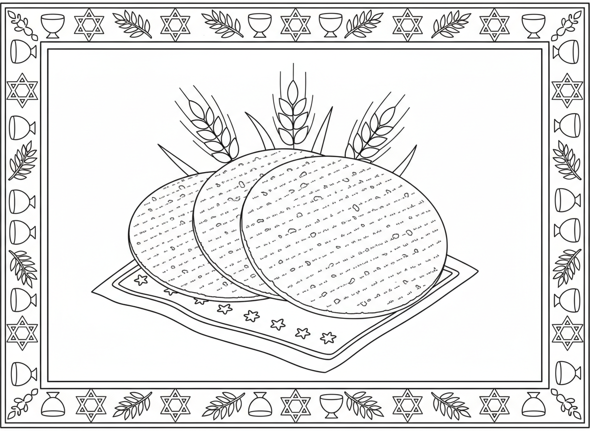 שלוש מצות מוערמות - שלוש מצות גדולות ויפות מוערמות זו על זו על מפית מעוטרת, מראות את המרקם והחורים של המצה, שיבולי חיטה סביב, מסגרת בנושא פסח