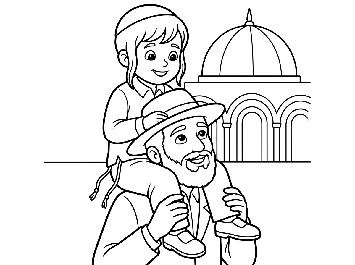 דף צביעה
ילד בן שלוש עם שיער עד הכתף עם כיפה חלרה על הראש 
לבוש חולצה לבנה
מכנסיים ארוכות וחוטי ציצית
נעלי שבת
הוא על הכתפיים של אבא שלו
האבא עם כובע וחליפה וזקן

מאחור הציון של רבי שמעון בר יוחאי