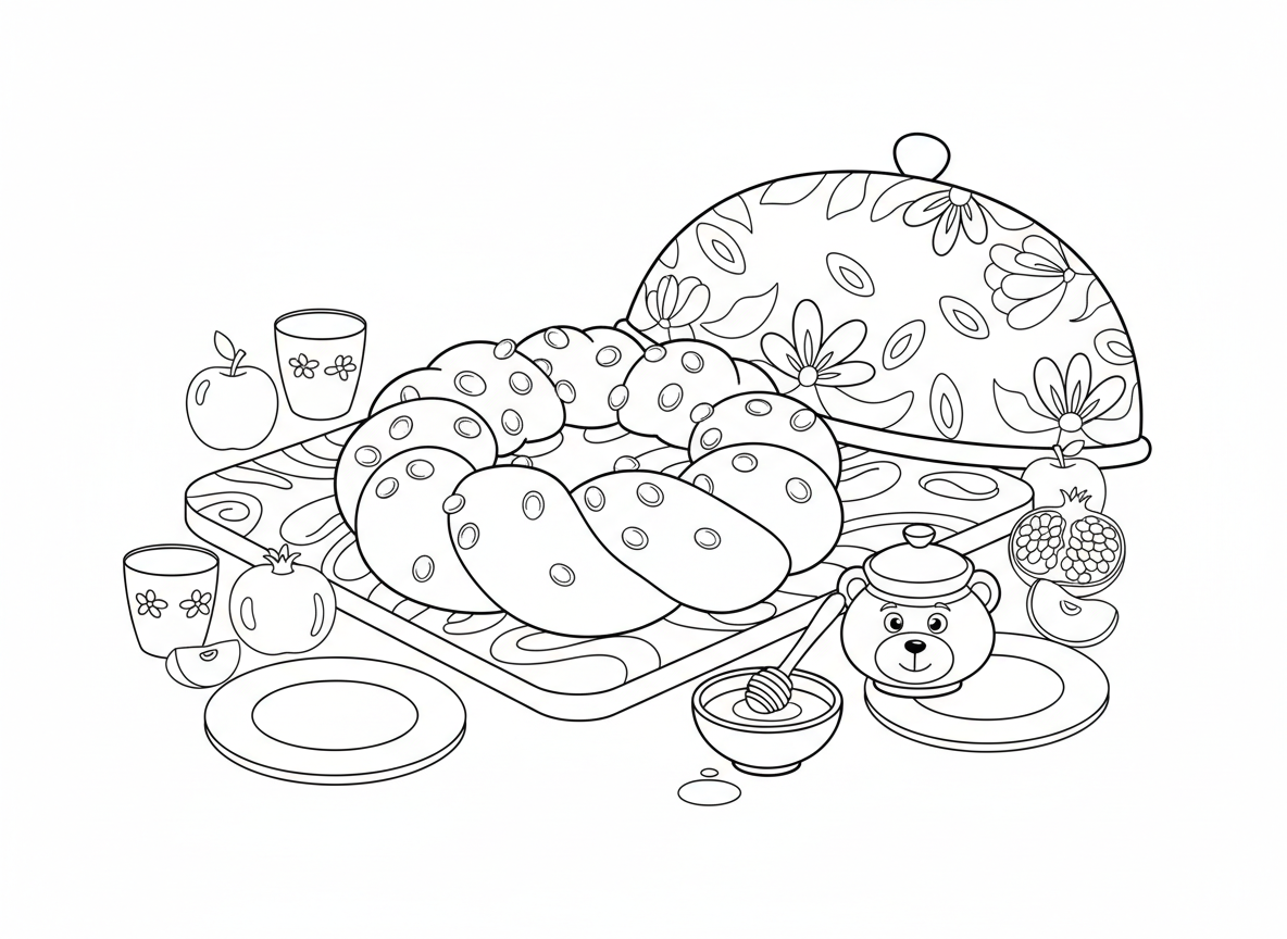 חלה עגולה לשנה חדשה - חלה עגולה יפה לראש השנה, צמה מוזהבת, צימוקים נראים, על קרש חלה מעוטר, כיסוי חלה, דבש בקרבת מקום, שולחן חג חגיגי