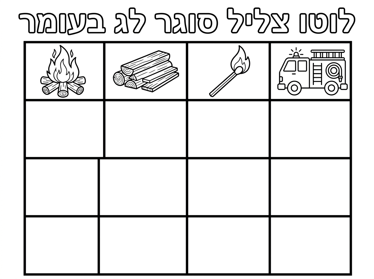 צריכה בבקשה שתכין לי דף עם כותרת שיהיה כתוב
לוטו צליל סוגר לג בעומר.

בטבלה יהיה 4 טורים, 4 שורות.

בשורה העליונה יהיה בכל משבצת איור שחור לבן הניתן לצביעה
מדורה, קרשים, גפרור וכבאית 

כל המשבצות יהיו באותו גודל.
כשיהיה מוכן אומר לך מה להכין בדף השני שהילדים יוכלו לגזור ולהדביק בדיוק בתוך המשבצות הריקות