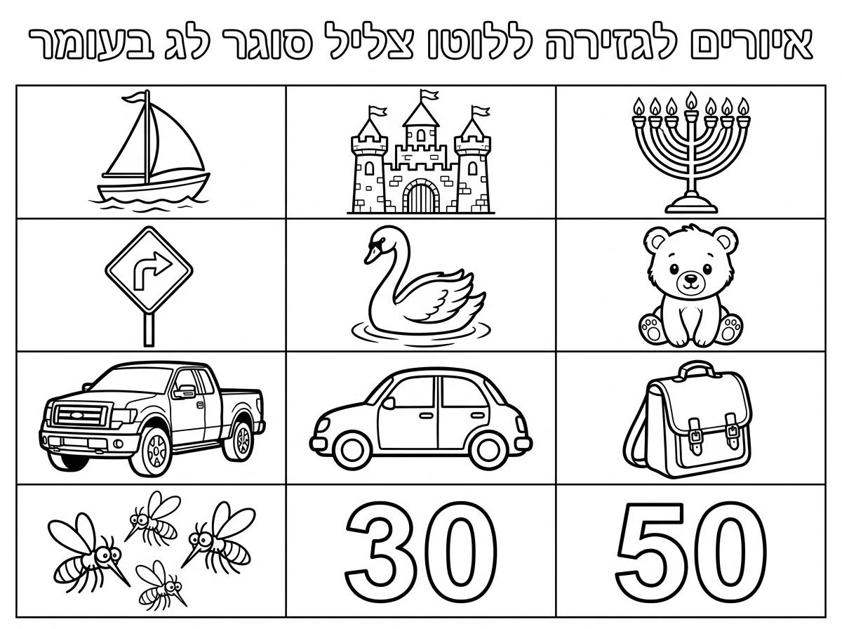 לדף גזירה אני צריכה טבלה בדיוק באותו גודל ובתוכה האיורים הבאים בשחור לבן עם אפשרות צביעה:
סירה
טירה
מנורה
תמרור
ברבור
גור
משאית
מכונית
שקית
יתושים 
שלושים
חמישים

(את המספרים שלושים וחמישים פשוט תכתוב את המספר חלול לצביעה)