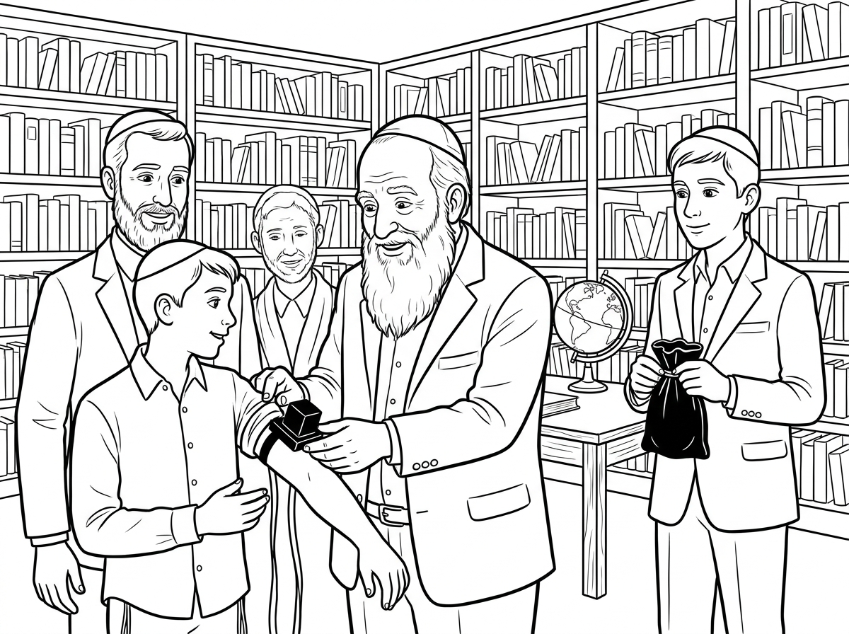 סבא עם זקן לבן ארוך וחליפה מניח תפילין לנכדו בגיל 13 ברקע ספרייה גדולה, אבא של הבחור בגיל 40 עם זקן בינוני וחליפה, ואח גדול בגיל 16 עם תיק תפילין ביד.