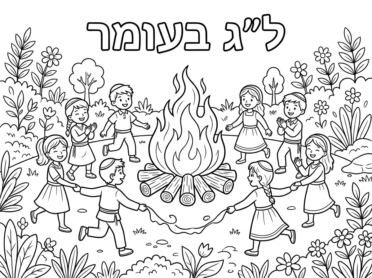 צור דף צביעה ללג בעומר. 
ילדים וילדות רוקדים סביב מדורה גדולה עם צמחייה מסביב. 
בחלק העליון של הדף באמצע השורה כתוב מימין לשמאל ל״ג בעומר