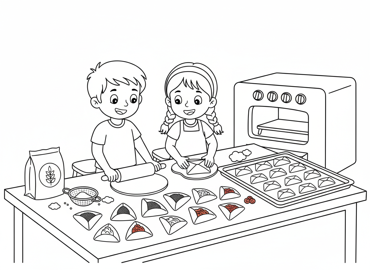 אפיית אוזני המן - סצנת מטבח של אפיית אוזני המן, עוגיות משולשות עם מילויים שונים - פרג, שוקולד, ריבה, בצק מקופל, מגש אפייה, קמח, מערוך, ילדים עוזרים