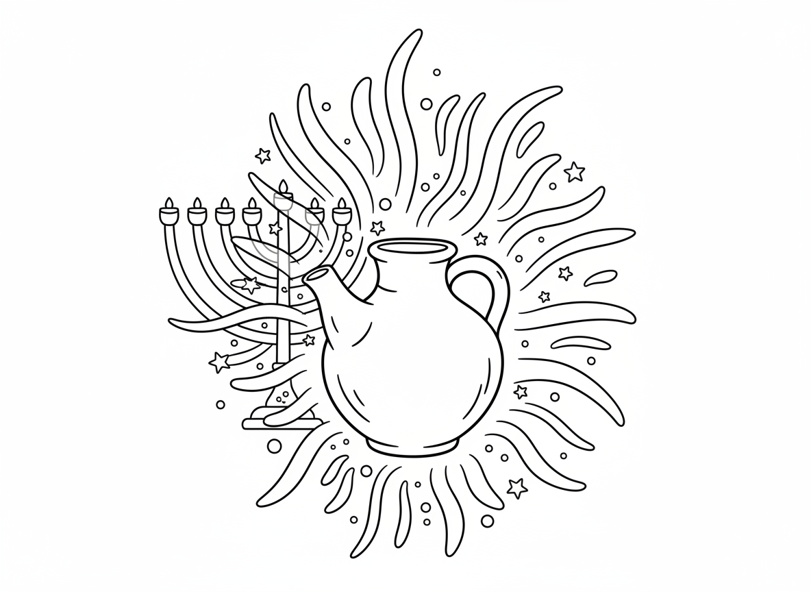 נס פח השמן זוהר - פך השמן הקטן זוהר באופן ניסי באור אלוהי, מספיק שמן ליום אחד שהחזיק שמונה, אור זהוב נפלט, פך חרס עתיק, מנורת בית המקדש ברקע, אווירה קסומה