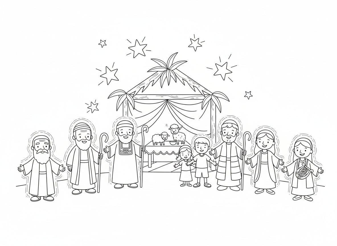 אושפיזין אורחים מיסטיים - שבעת האושפיזין מגיעים לסוכה: אברהם, יצחק, יעקב, משה, אהרון, יוסף ודוד, דמויות רוחניות עם הילה זוהרת, סצנה מקבלת פנים, כוכבים למעלה