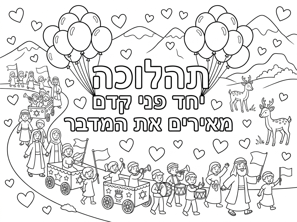 באותו סגנון כתב
המלל הבא:

התהלוכה
יחד פני קדם
מאירים את המדבר

ברקע 
איילים והרי מדבר יהודה
בלונים שקשורים למילה תהלוכה
והרבה לבבות לצביעה