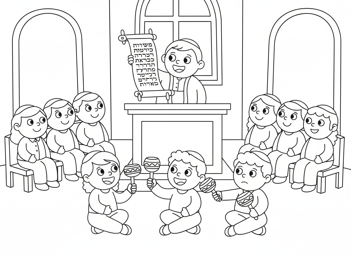 קריאת מגילת אסתר - אדם קורא את מגילת אסתר בבית הכנסת, מגילת קלף ארוכה פרוסה, קהילה מקשיבה, רעשנים מוכנים, ילדים יושבים על הרצפה