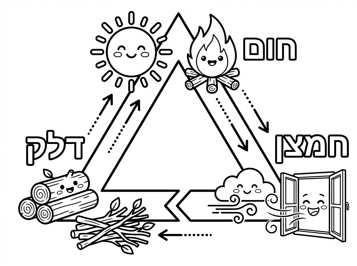 אפשר דף של  יסודות האש לילדים בברור ועם כיתוב בעברית