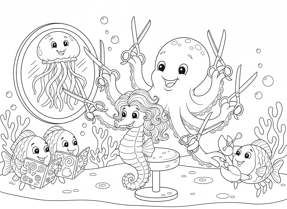 מספרה מתחת לים - תמנון ספר משתמש בשמונה מספריים בו זמנית, דגים ממתינים עם מגזינים, סרטן עושה מניקור עם צבתות זעירות, סוסון ים מסלסל שיער, ומדוזה מנסה תסרוקות שונות מול מראה