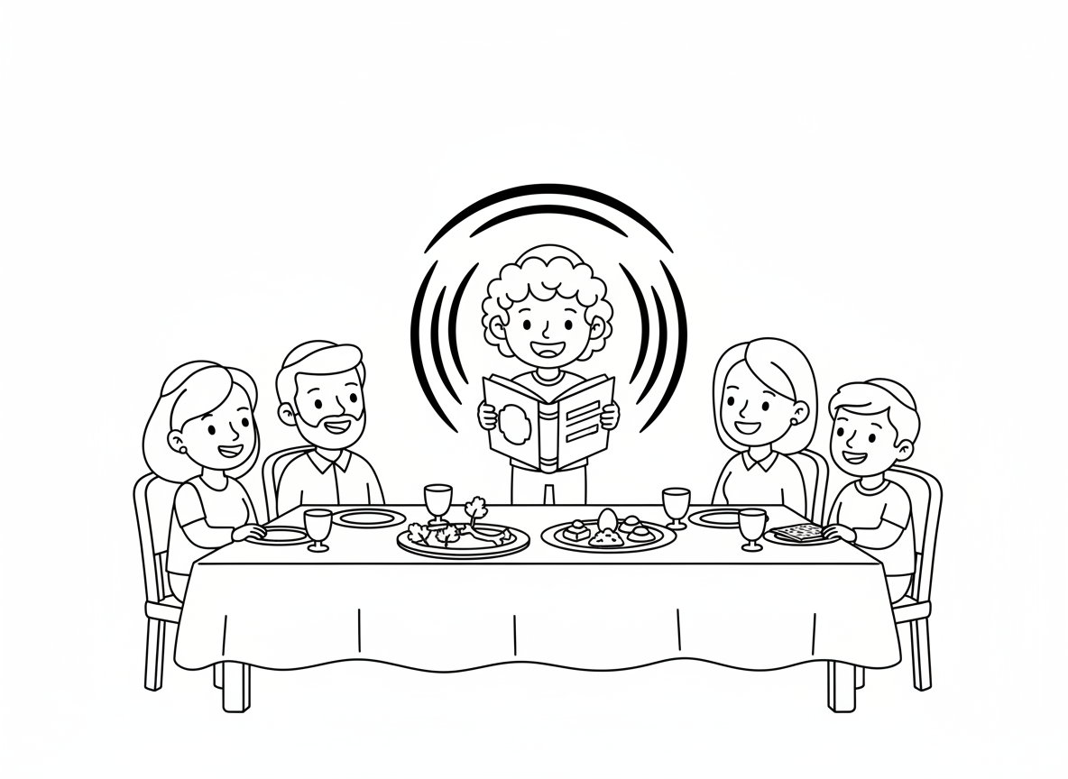 ילד שואל את ארבע הקושיות - ילד צעיר עומד ליד שולחן הסדר וקורא את מה נשתנה מההגדה, המשפחה מקשיבה בגאווה, זרקור על הילד, שולחן חגיגי