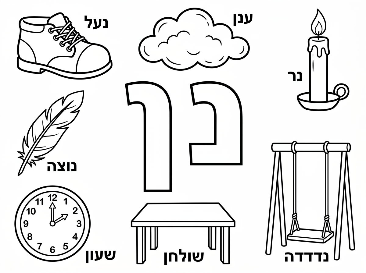 צור בבקשה דף צביעה.
במרכז הדף תופיע האות נ ן, חלולות.
מסביב יהיו הציורים הבאים - נעל, ענן, נר, נוצה, שעון, שולחן, נדנדה