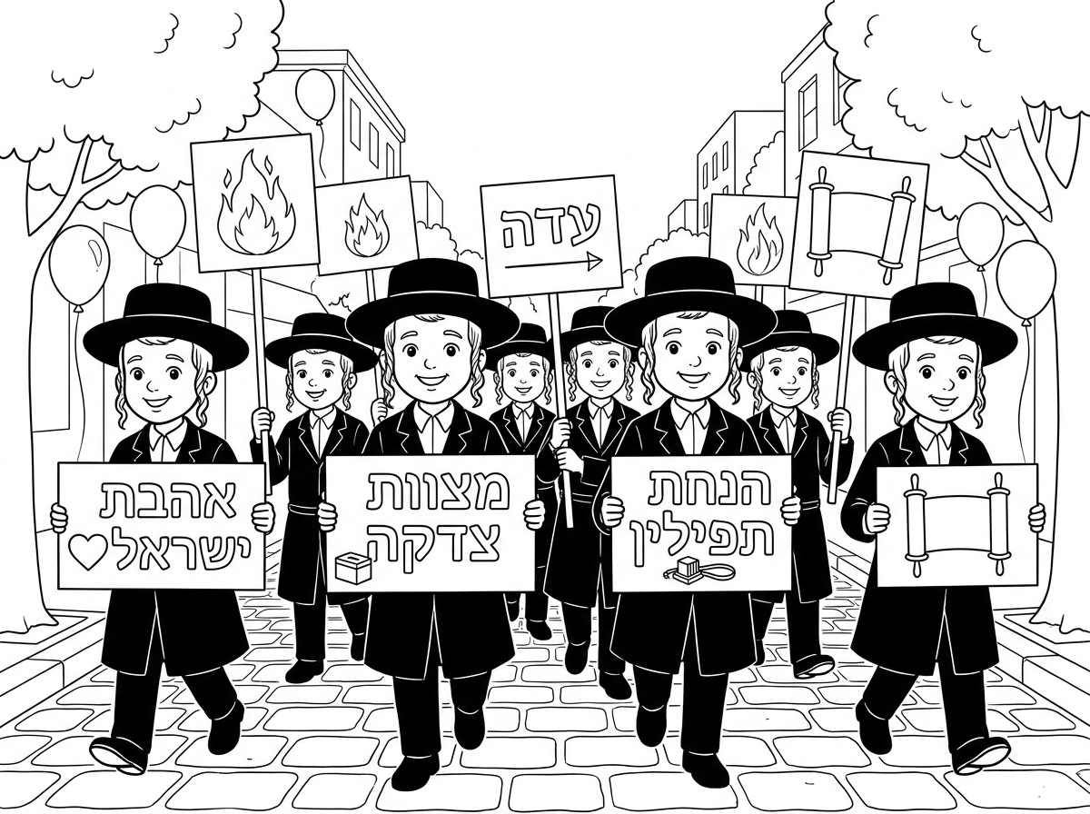 תעשה לי תהלוכת ל"ג בעומר 
ילדים חרדים עם שלטים שרשומים שם אהבת ישראל מצוות צדקה, הנחת תפילין,
הרבה ילדים בנים שהולכים ביחד