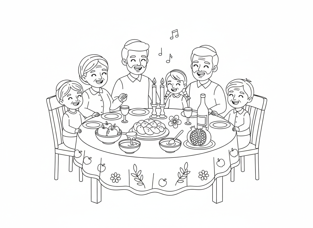 משפחה סביב שולחן ראש השנה - משפחה שמחה מתאספת סביב שולחן ראש השנה הערוך יפה, חלה עגולה, תפוחים ודבש, רימון, נרות דולקים, יין, אווירה חגיגית, מספר דורות