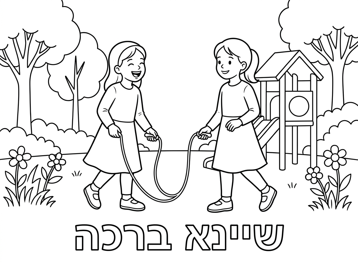 ‏תעשי ציור של שתי ילדות שמשחקות יחד שיהיו צנועות ממש שהמרפק כיהיה מכוסה והברך תהיה מכוסה ושיהיה כתוב למטה שיינא ברכה ובלי טקסט באנגלית