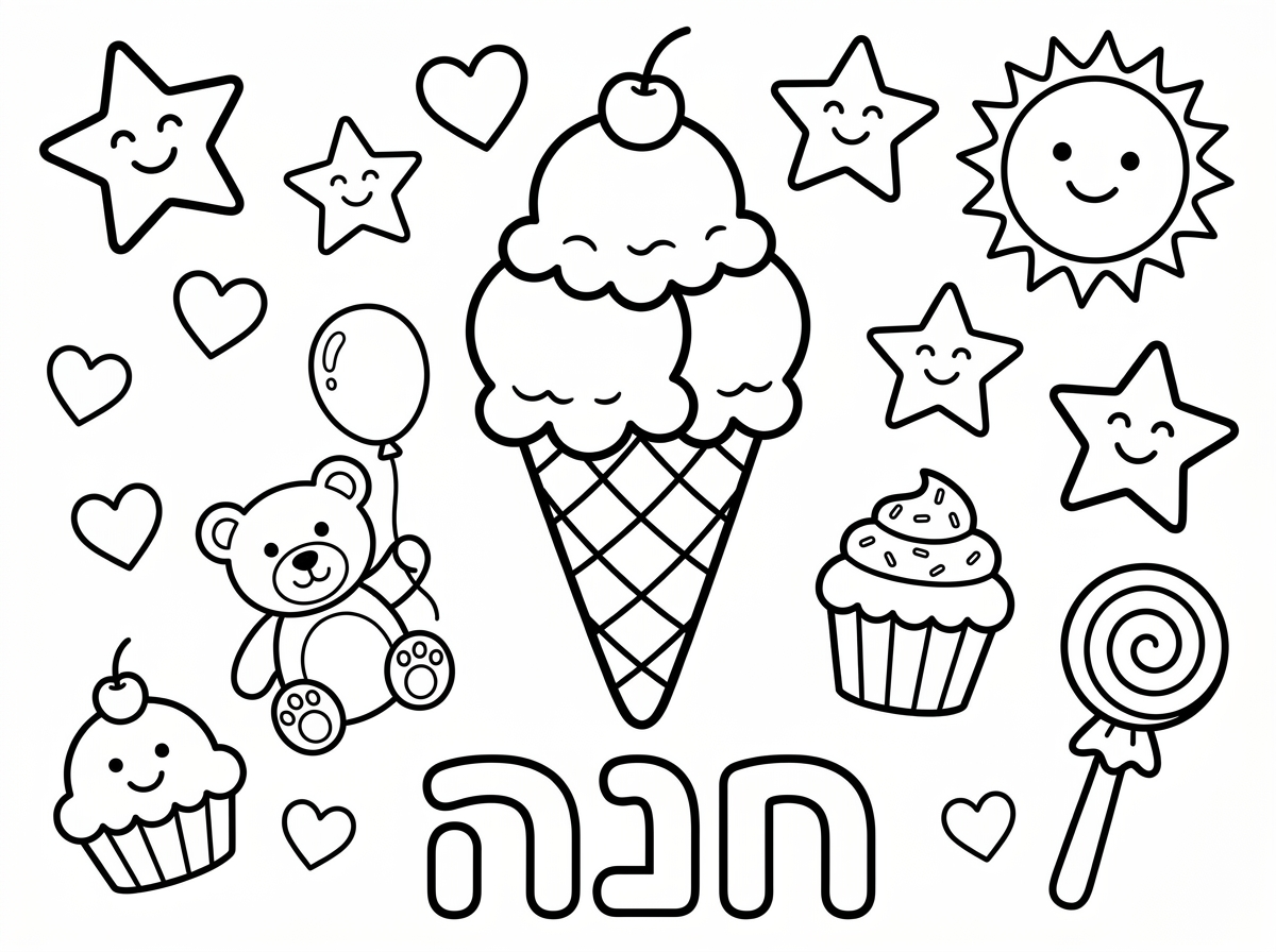 ‏תעשי לי ציור של גלידה עם דברים חמודים מסביב שאפשר לצבוע ותכתבי למטה את השם חנה ובלי טקסט באנגלית