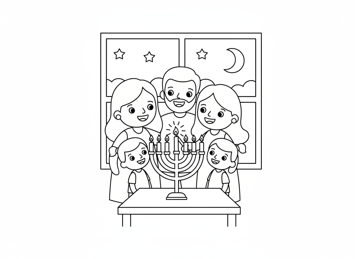 משפחה מדליקה נרות חנוכה - משפחה מתאספת סביב החנוכייה מדליקים נרות יחד, אבא מחזיק שמש, אמא וילדים צופים, זוהר חם, חלון מראה חושך בחוץ, רגע ברכות