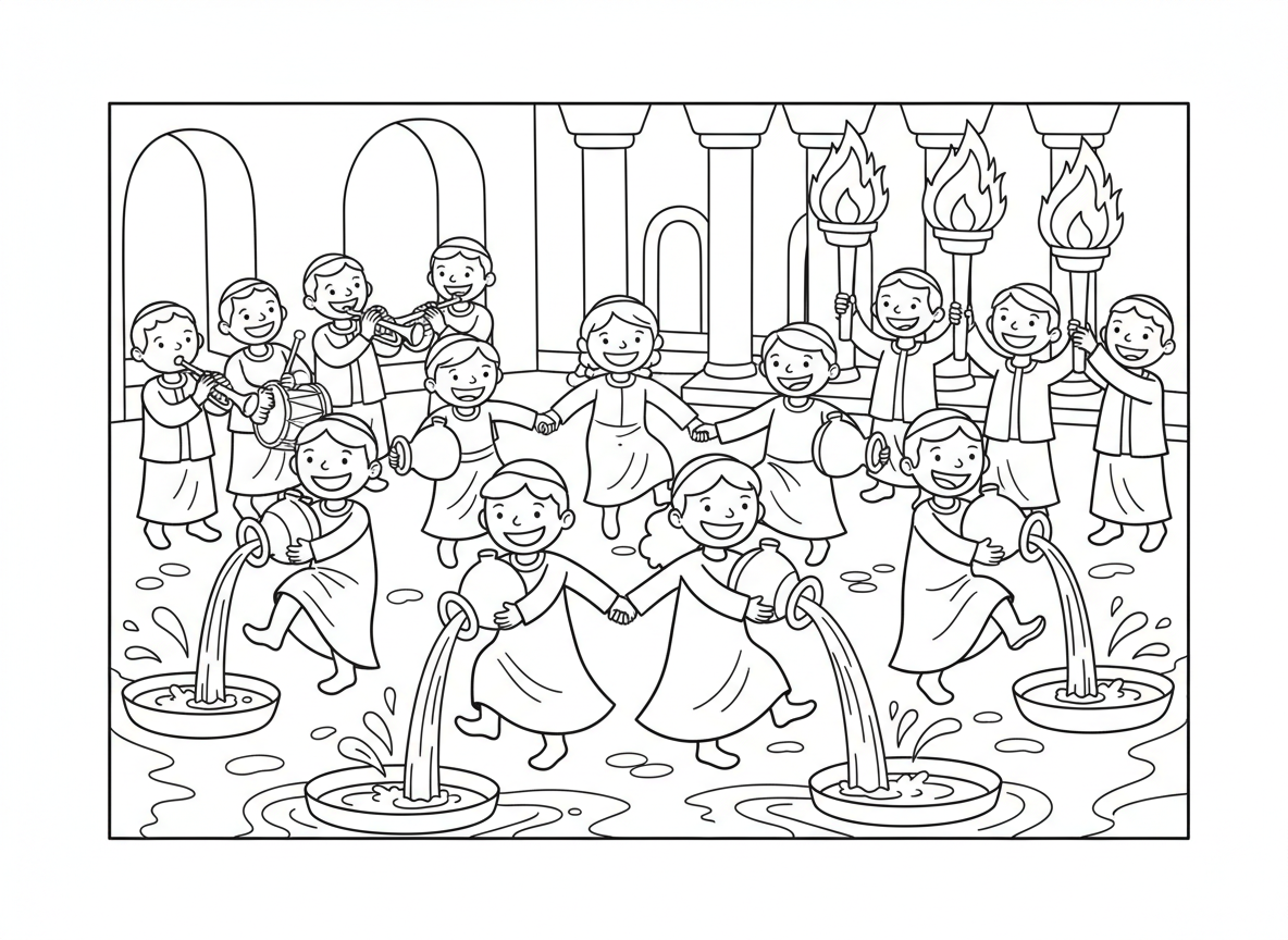 שמחת בית השואבה - סצנת חגיגה שמחה של שמחת בית השואבה, אנשים רוקדים עם כדי מים, מוזיקאים מנגנים, לפידים דולקים, חצר בית המקדש, שמחה גדולה, כלי נגינה, מעגלי ריקוד