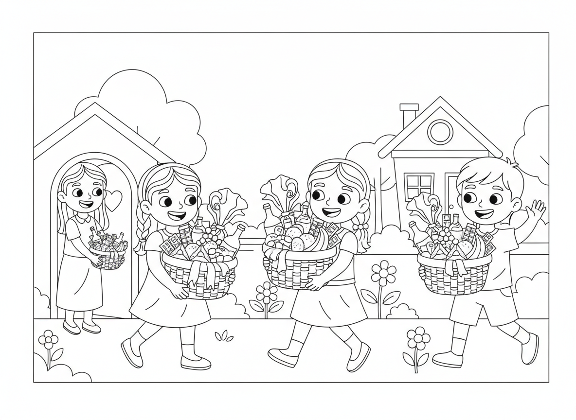 משלוח מנות - סלסלות משלוח מנות מעוטרות יפה מלאות בממתקים: אוזני המן, סוכריות, פירות, יין, שוקולד, עטיפות צבעוניות, סרטים, מחולקים מדלת לדלת, פרצופים שמחים