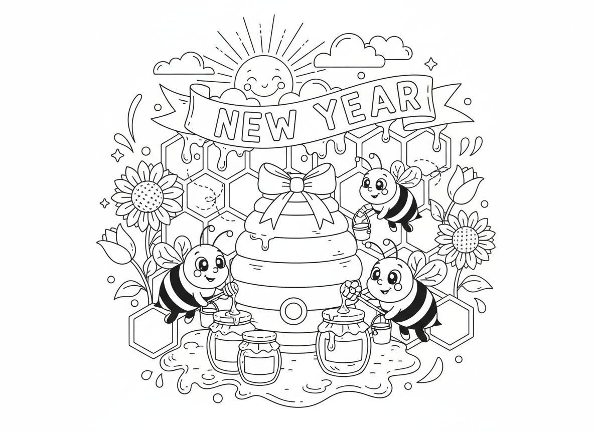 דבורים ודבש - דבורים מצוירות חמודות מייצרות דבש, כוורת, דוגמת חלת דבש, צנצנות דבש, פרחים שדבורים מבקרות, דבש זהוב מטפטף, גינה שמשית, נושא שנה מתוקה