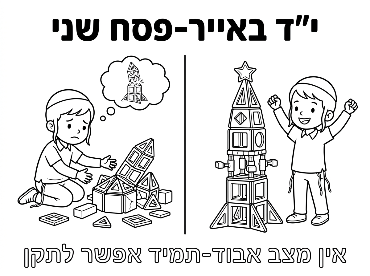 ילד קטן עם כיפה חלקה
חוטי ציצית לצד המכנסיים
בונה מגדל עם מגנטים
מתפרק ומתפזר לו
פנים עצובות

וליד אותו ילד 
עם פנים שמחות
ובנה מגדל גבוה מהמגנטים

כותרת
י״ד באייר-פסח שני
אין מצב אבוד-תמיד אפשר לתקן