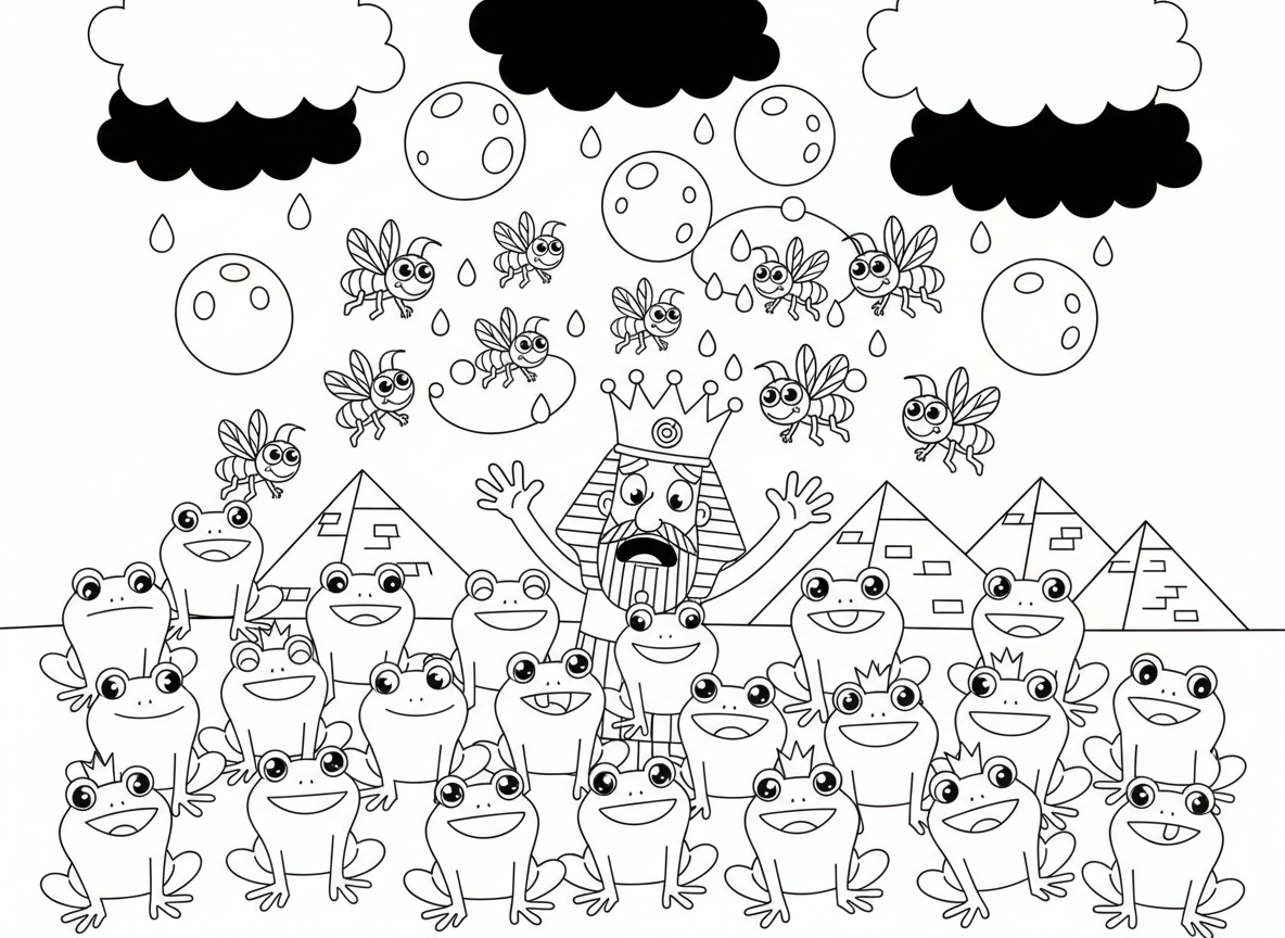 עשר המכות של מצרים - סצנה מאוירת ומצחיקה של עשר מכות מצרים בסגנון ידידותי לילדים: צפרדעים קופצות, ארבה עף, ברד יורד, חושך, פרעה נראה מודאג, פירמידות ברקע