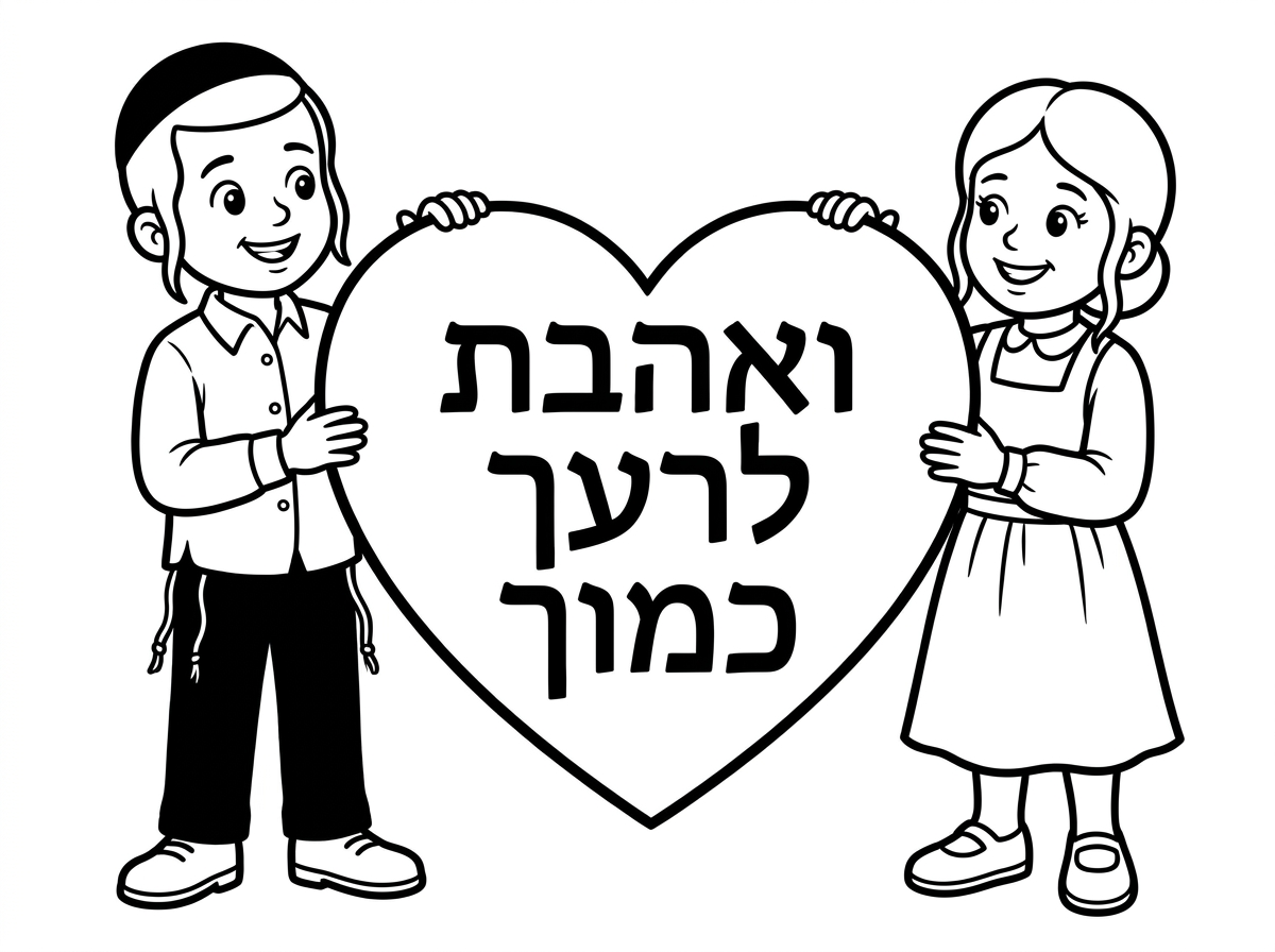 שלום וברכה אני צריכה דף צביעה של 2 ילדים חסידים שמחזיקים לב גדול ובתוך הלב כתוב ואהבת לרעך כמוך
