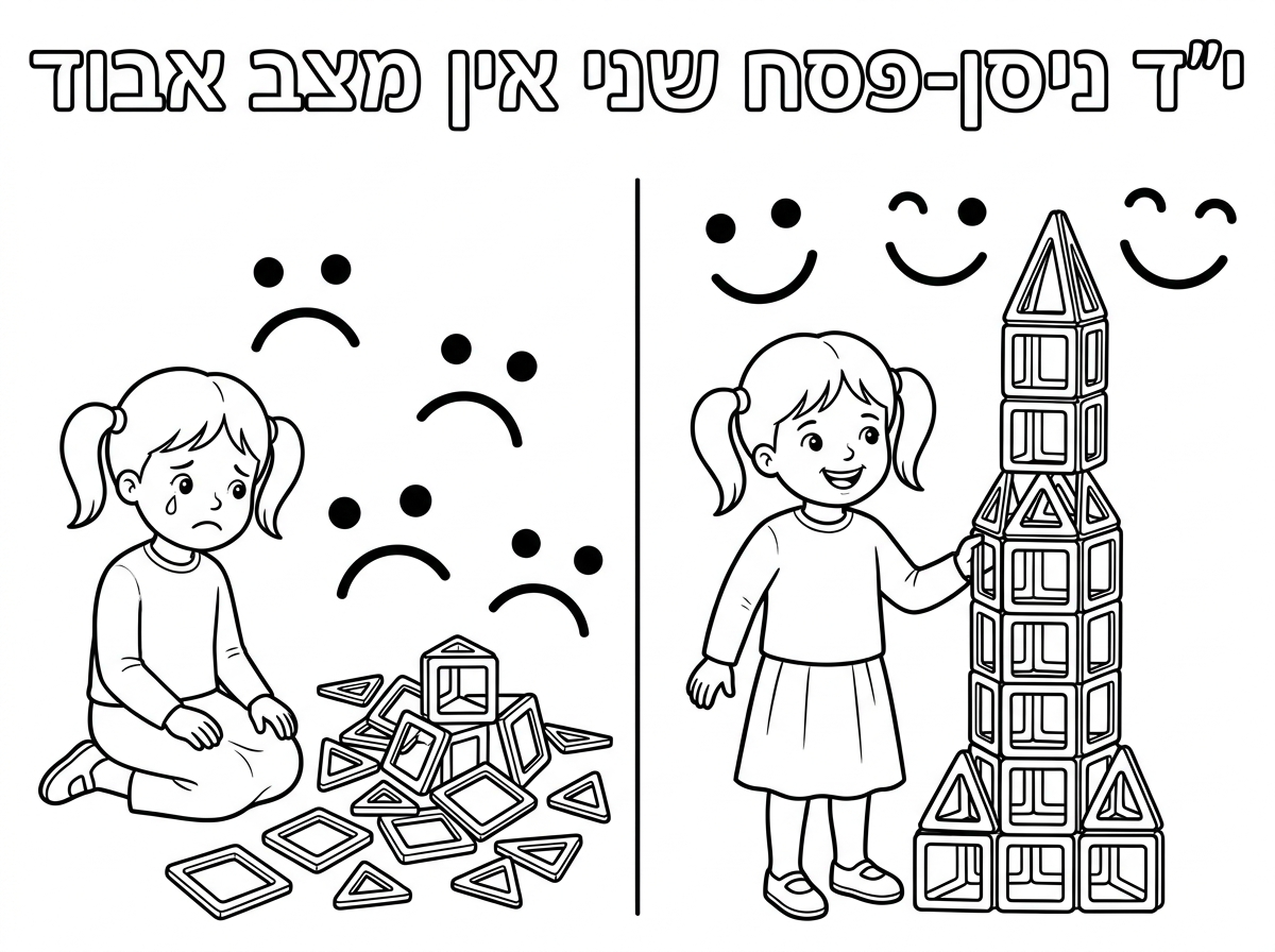 ילדה קטנה עם קוקיות
חולצה מכסה את המרפק וחצאית שמכסה את הברך

בונה מגדל עם מגנטים
צד אחד פנים עצובות שהתפרק והתפזר
צד שני
בנין גבוה והיא מחייכת

כותרת
י״ד ניסן-פסח שני
אין מצב אבוד