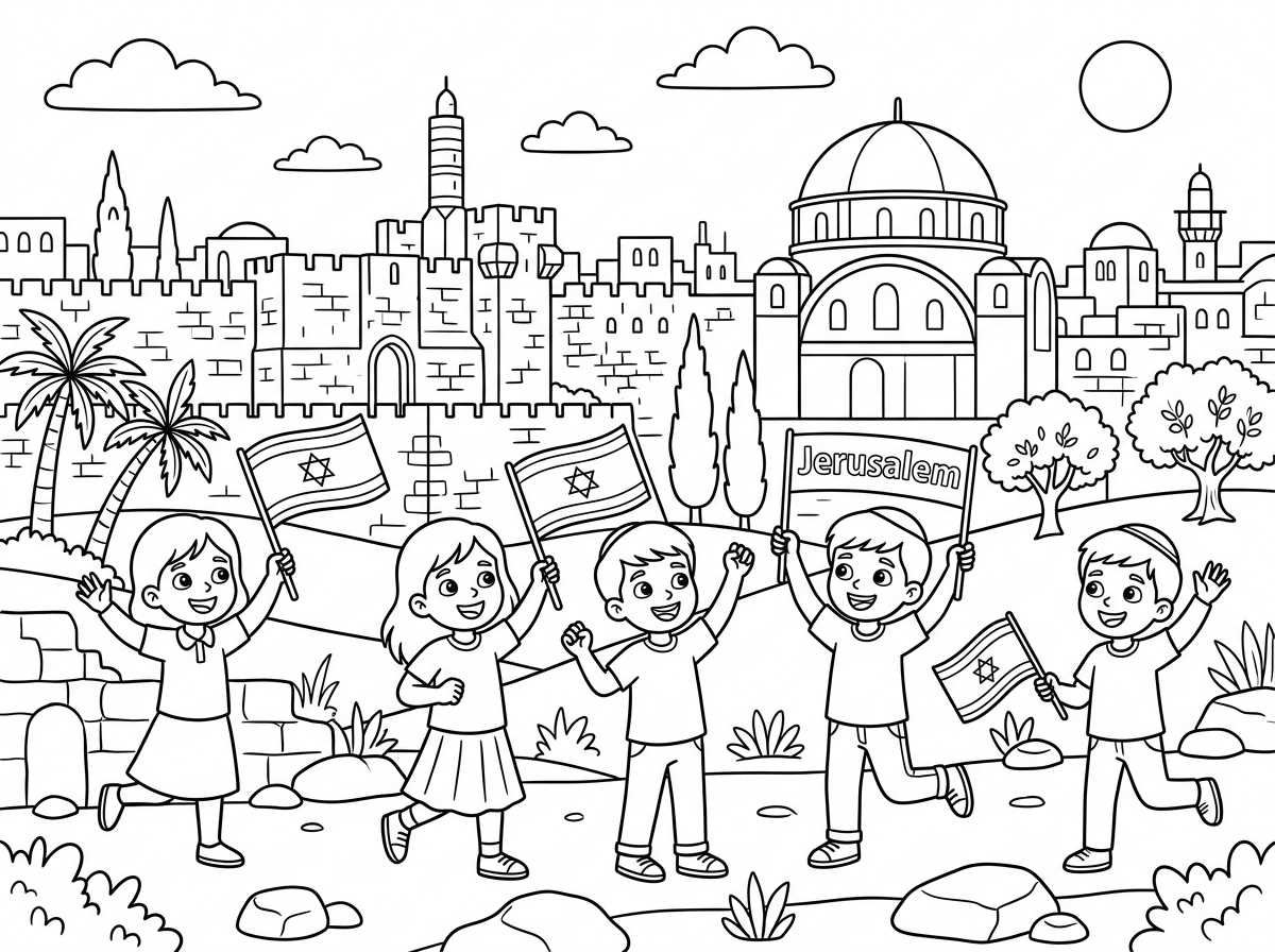 אשמח לדף צביעה לגיל 10 לכבוד יום ירושלים. בלי סממנים מוסלמיים בבקשה
