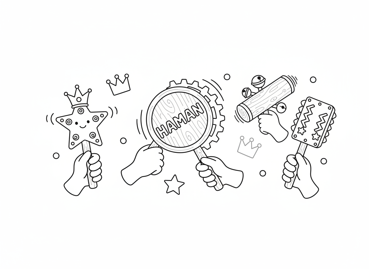 רעשנים לפורים - אוסף רעשני פורים צבעוניים בצורות וגדלים שונים, מעץ וממתכת, קישוטי כוכבים וכתרים, ידיים מנערות אותם, שם המן כתוב, חגיגי