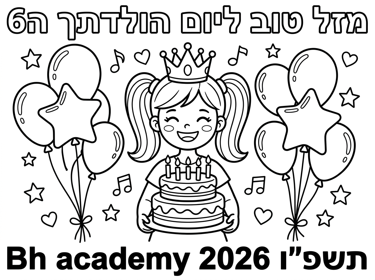 טעית
בקשתי את דף הכריכה לחוברת יום הולדת לבת לגיל 6
תכתוב
מזל טוב ליום הולדתך ה6
וותמונת ילדה עם עוגה ובלונים וכתר על הראש
ולמטה לכתוב
Bh academy 2026 תשפ״ו