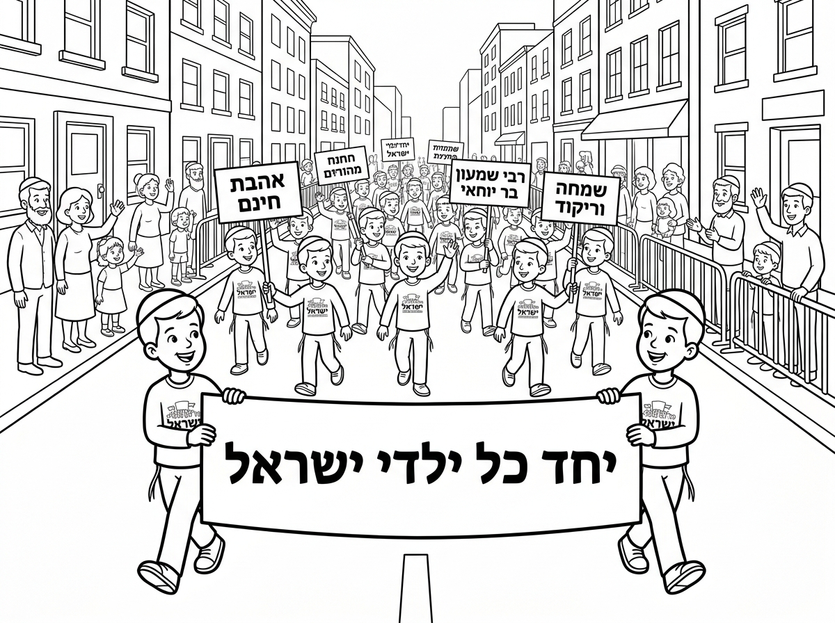 צור לי בבקשה ציור לצביעה של תהלוכת ל"ג בעומר של חב"ד. ילדים- רק בנים- צועדים יחד, בידיים שלהם יש שלטים עם סיסמאות כמו שמקובל בתהלוכת ל"ג בעומר. שני ילדים שהולכים בראש מחזיקים שלט גדול שעליו הכיתוב: יחד כל ילדי ישראל. אפשר שכל הילדים יהיו עם חולצות אחידות שעליהן לוגו התהלוכה. הילדים צועדים ברחוב, רואים בניינים בצדדים ואולי אנשים שעומדים וצופים בשיירה שעוברת.