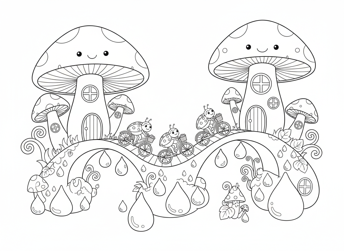 עיר של פטריות קסומות
בתים בתוך פטריות, גשרים מעל טיפות טל, וחיפושיות שנוסעות באופניים.