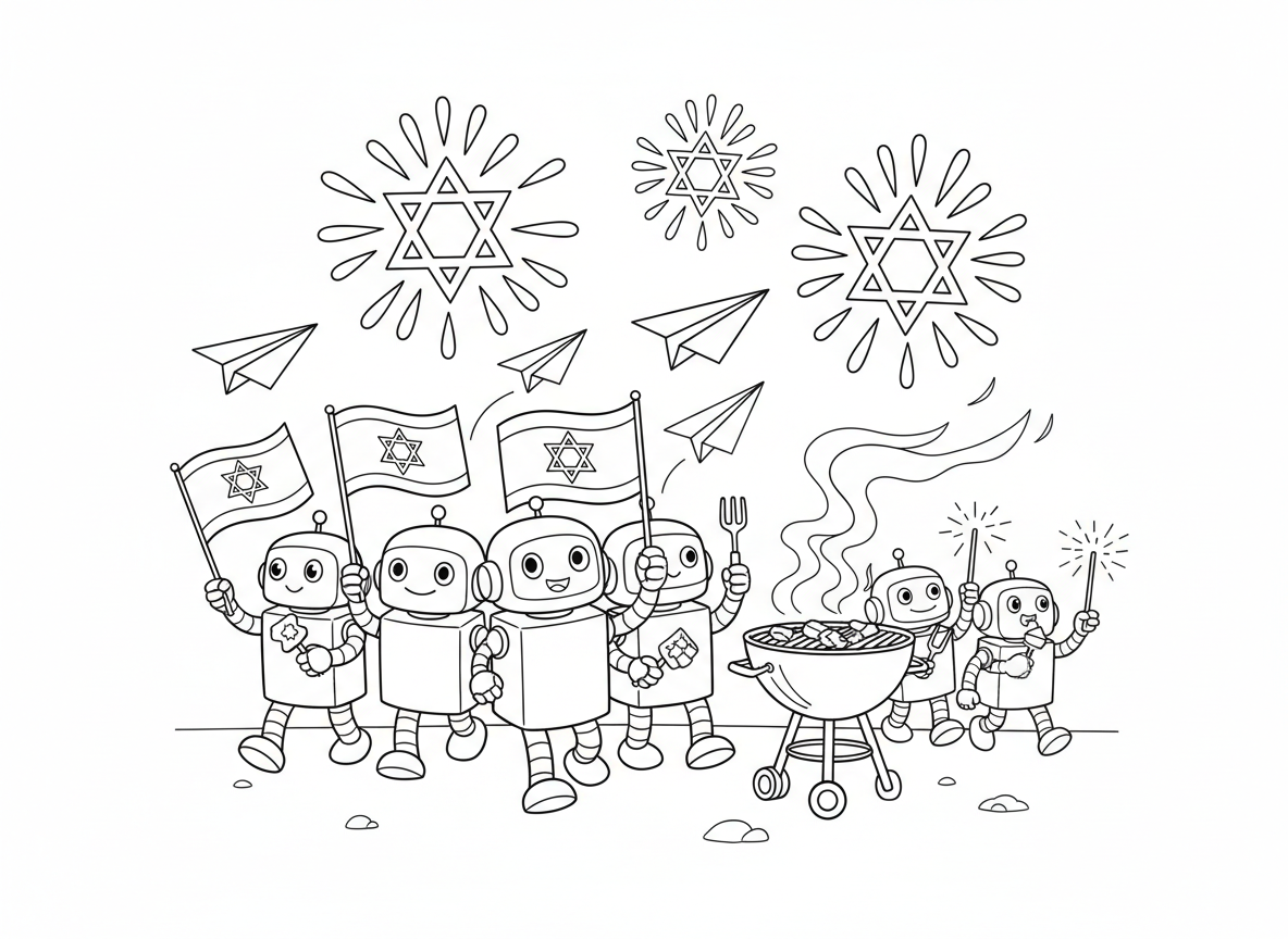 יום העצמאות של הרובוטים - רובוטים מנופפים בדגלי ישראל, צופים במטס מטוסי נייר, אוכלים על מנגל מתכתי, ילדי רובוט משחקים עם זיקוקים, וזיקוקין בצורת מגן דוד בשמיים