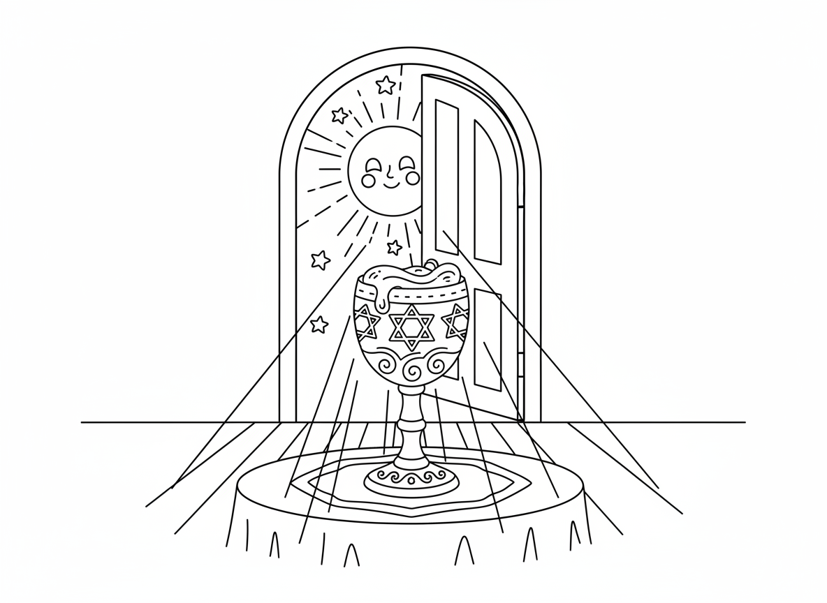 כוס אליהו ודלת פתוחה - כוס אליהו מעוטרת ויפה מלאה יין על שולחן הסדר, דלת פתוחה ברקע עם זוהר קסום, אור ירח זורם פנימה, כוכבים נראים