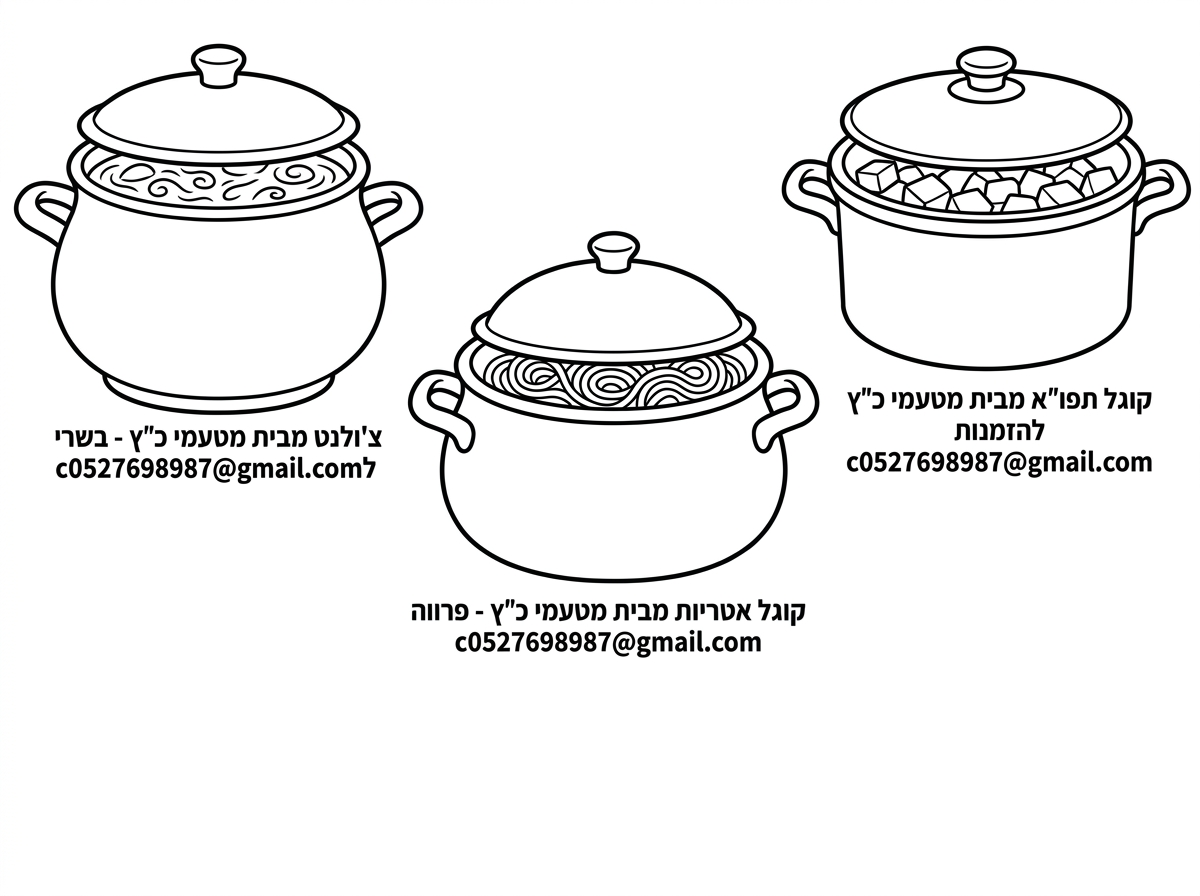 ציור של שני  שורות של סיר צ'ולנט שרשום עליהם
צ'ולנט מבית מטעמי כ"ץ - בשרי
להזמנות c0527698987@gmail.com 

ציור של שני  שורות של סיר צ'ולנט
שרשום על הסיר
קוגל אטריות מבית מטעמי כ"ץ - פרווה
להזמנות c0527698987@gmail.com 

ציור של שני  שורות של סיר צ'ולנט שרשום עליהם
קוגל תפו"א מבית מטעמי כ"ץ - פרווה
להזמנות c0527698987@gmail.com