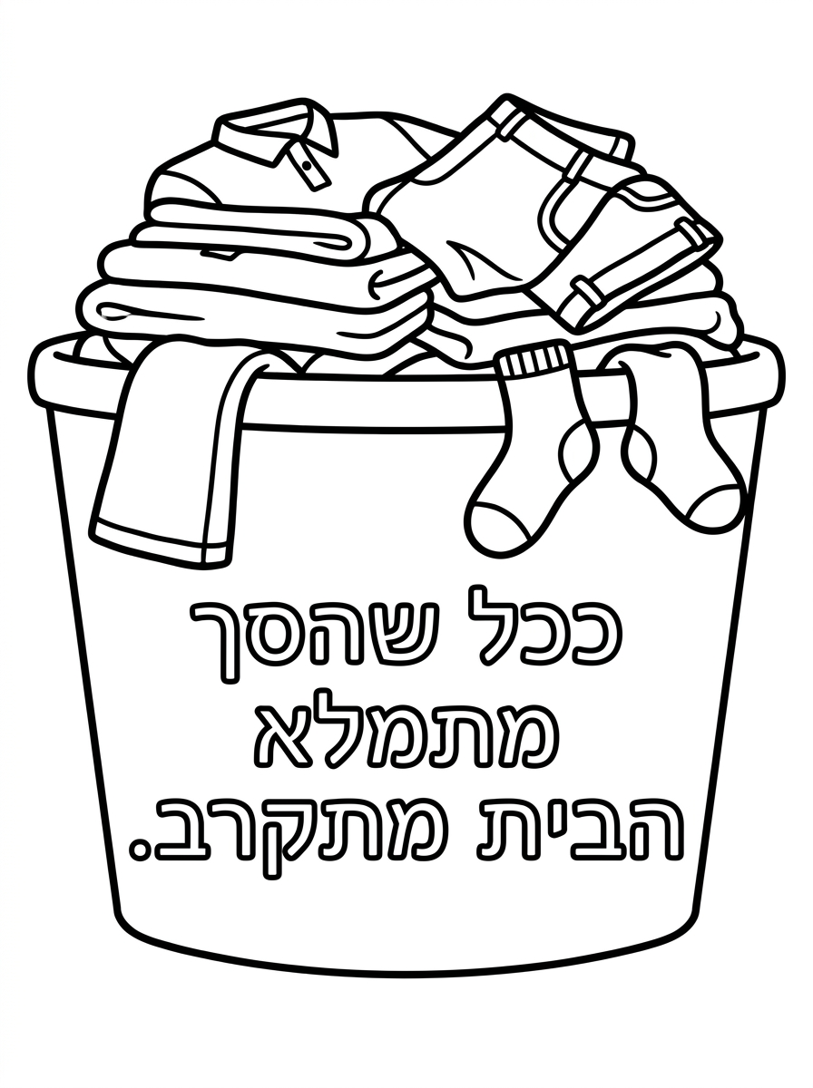שלום, אתה יכול להכין לי דף צביעה לאורך עם כיתוב:
 ככל שהסך מתמלא הבית מתקרב.

עם ציור של סל כביסה שמלא ובגדים מציצים ממנו