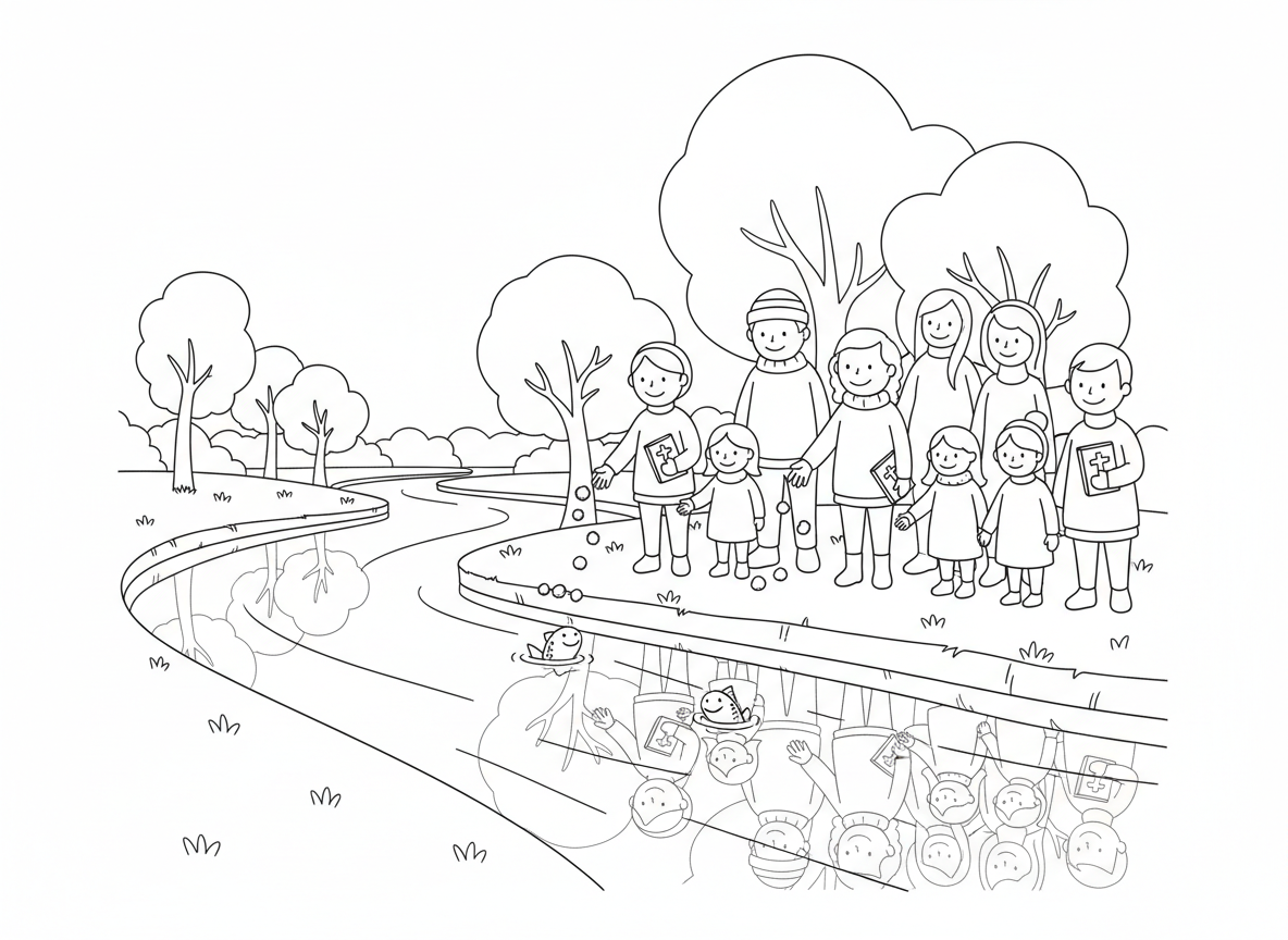 טקס תשליך בנהר - אנשים עושים תשליך בנהר, זורקים פירורי לחם למים, דגים קופצים, סצנת נהר שלווה, משפחות יחד, עצי סתיו, השתקפויות במים, סידורים