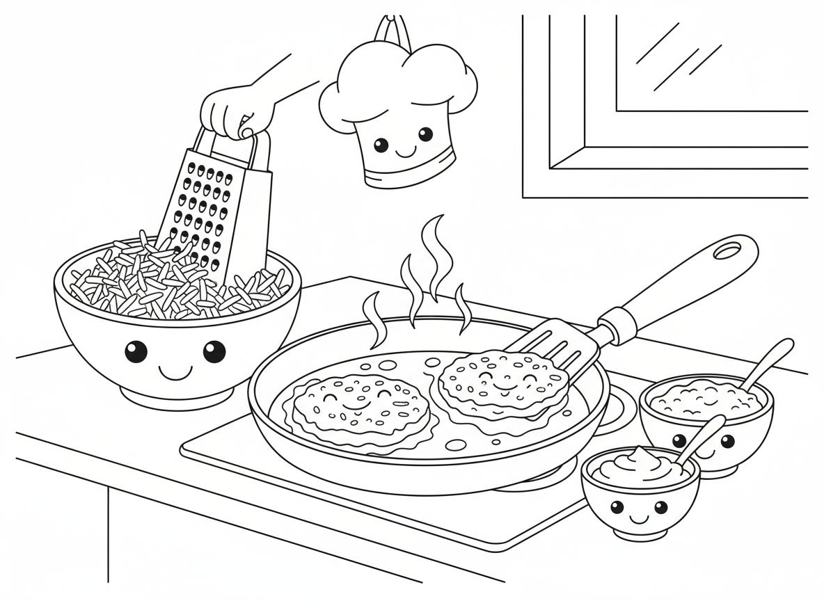 טיגון לביבות - סצנה של הכנת לביבות, לביבות מוזהבות ופריכות במחבת, תפוחי אדמה מגוררים, שמנת חמוצה ורסק תפוחים בצד, מסגרת מטבח, קיטור עולה, טעים