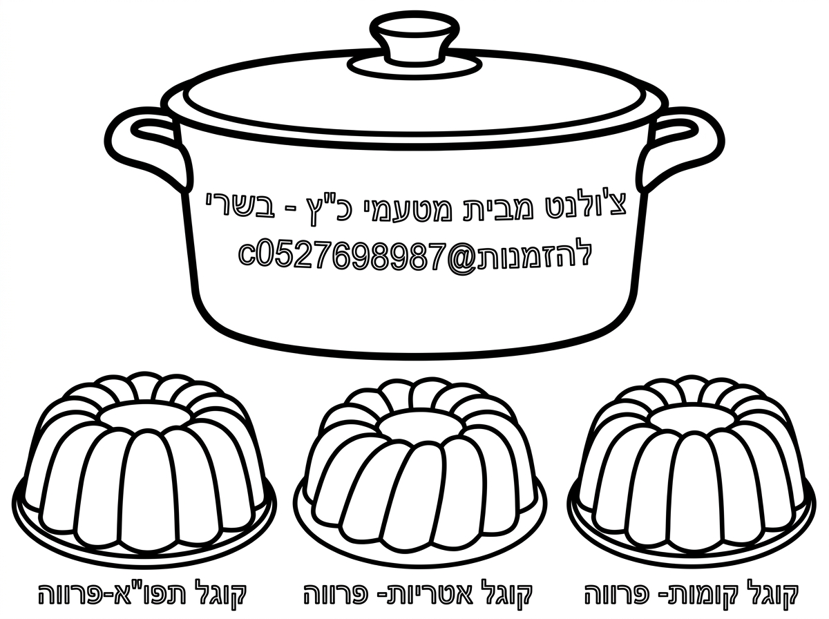 על רקע לבן
שלש תבניות קוגל ועליהן כתוב, על אחת קוגל תפו"א-פרווה על השני קוגל אטריות- פרווה  ועל השלישי קוגל קומות- פרווה
מעליהם סיר צ'ולנט גדול שכתוב על הדופן שלו
צ'ולנט מבית מטעמי כ"ץ - בשרי
להזמנות c0527698987@gmail.com