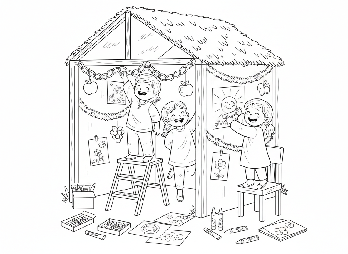 ילדים מקשטים סוכה - ילדים מקשטים סוכה בשמחה, תולים שרשראות נייר, קישוטי נצנצים, קישוטי פירות, ציורים שהכינו, עומדים על כיסאות וסולמות, חומרי יצירה צבעוניים, אווירה יצירתית