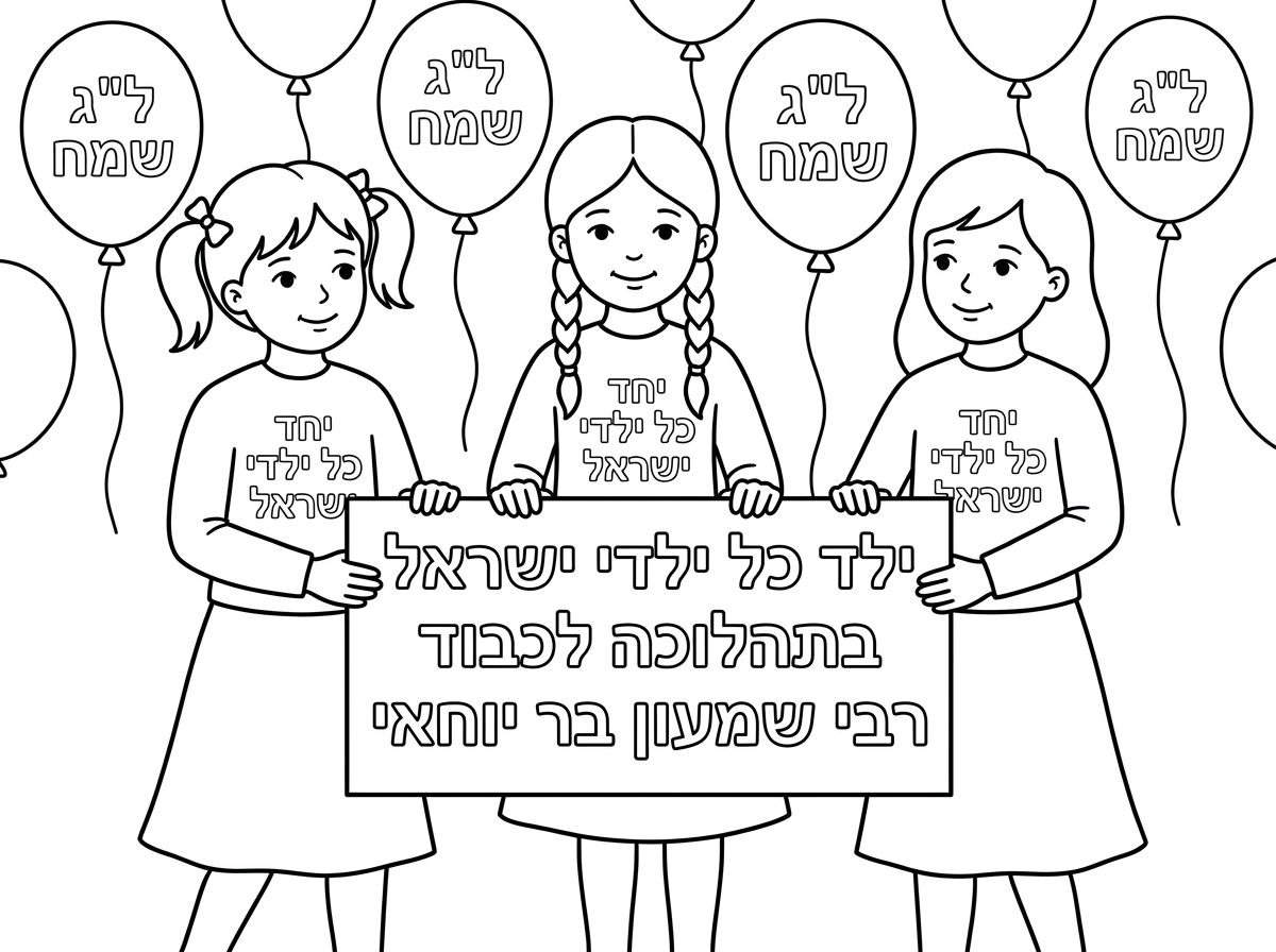 ילדה קטנה בגיל גן עם קוקיות
עומדת ליד ילדה קטנה בגיל גן עם שתי צמות
ועוד ילדה עם שיער עד הכתף

לכולן חולצה לבנה עם שרוול ארוך שכתוב עליה באותיות חלולות
יחד כל ילדי ישראל
חצאית שחורה ארוכה חלקה שמכסה את הברכיים
גרביון לבן 

מחזיקות שלט גדול שכתוב עליו

״ילד כל ילדי ישראל
בתהלוכה
לכבוד רבי שמעון בר יוחאי״

עם בלונים ברקע שכתוב עליהם
ל״ג שמח